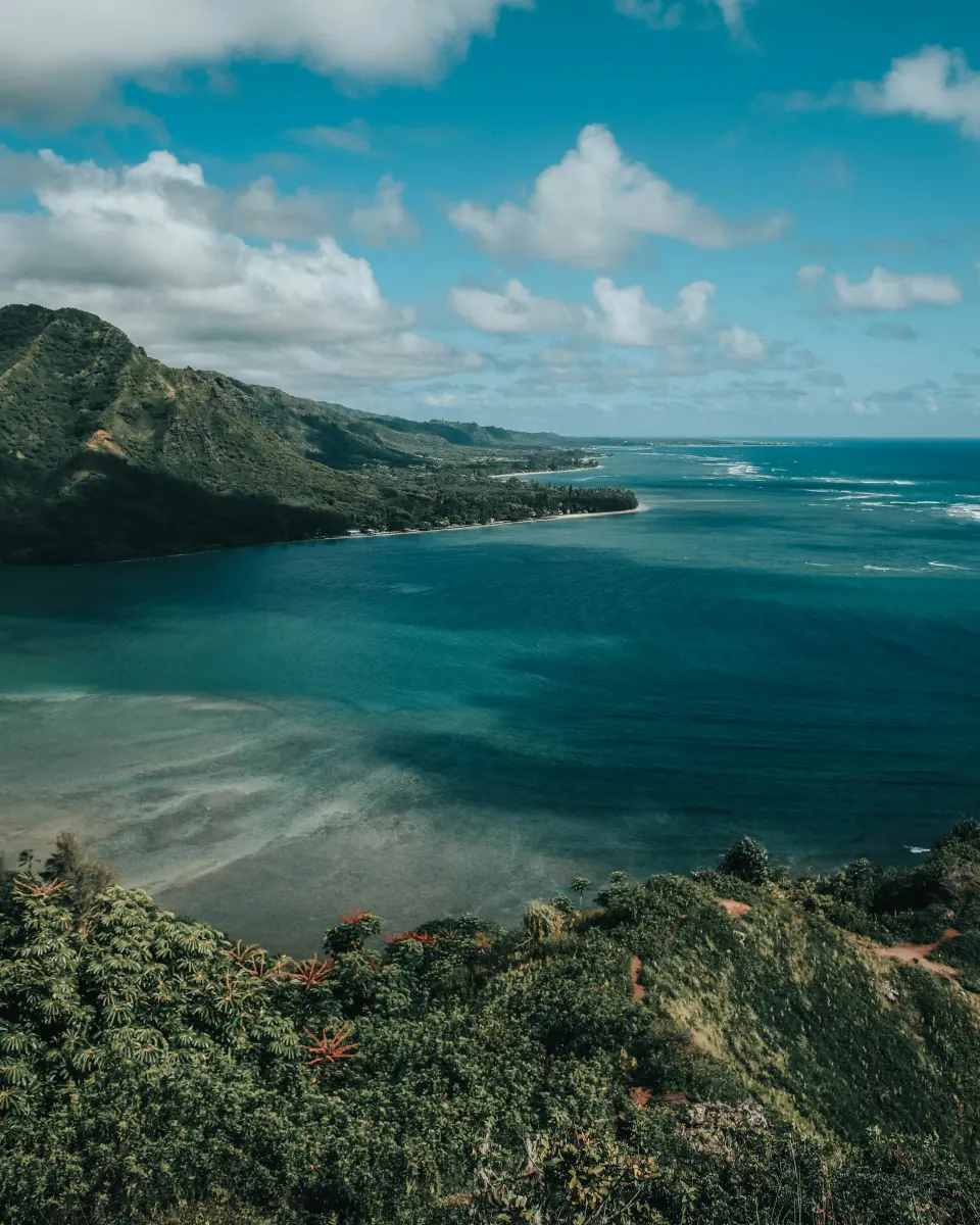Turquoise Windward Oahu coastline viewed from Crouching Lion