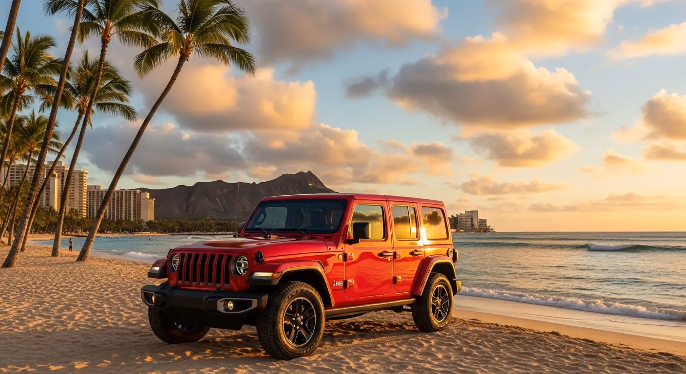Red Jeep Wrangler on Waikiki Beach at sunset